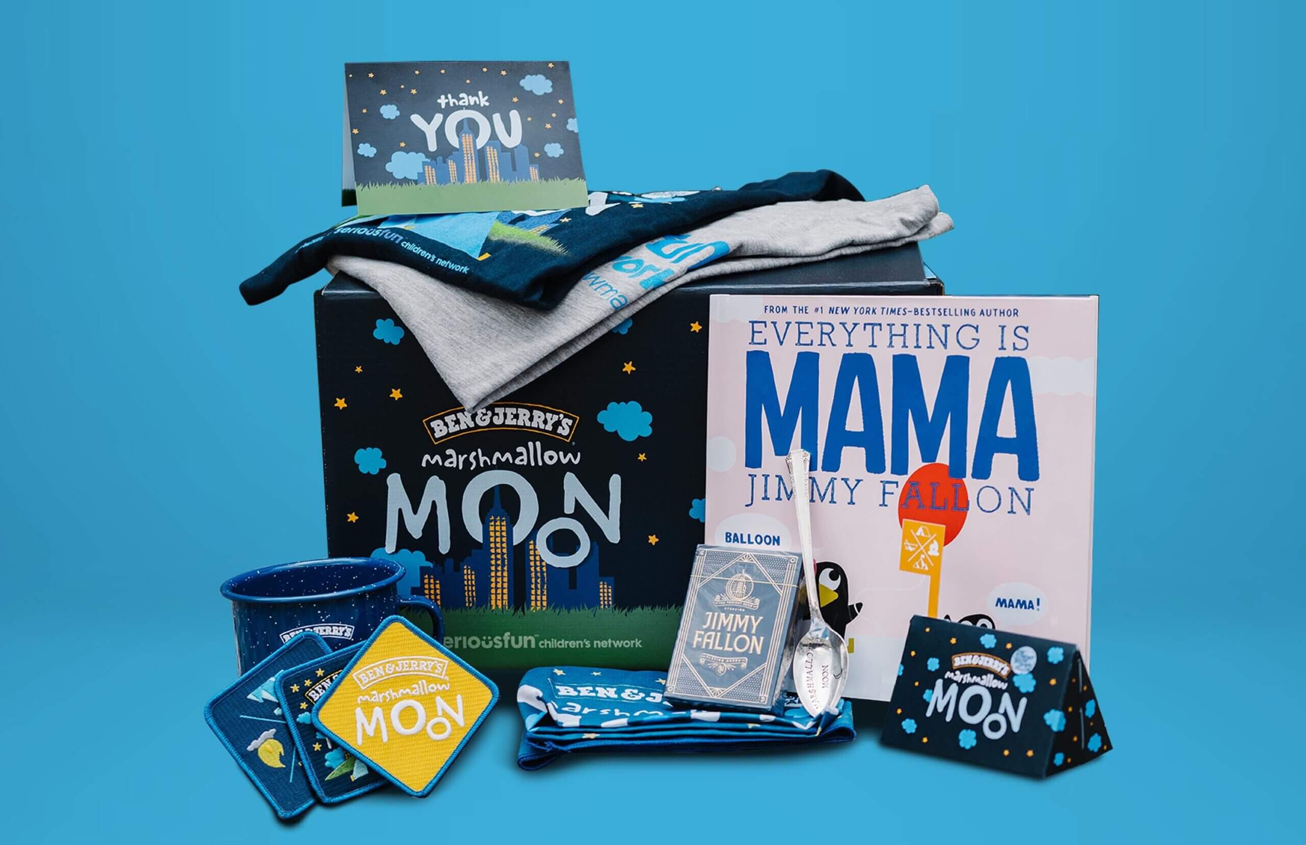 A variety of Ben & Jerry's merchandise which reads "Marshmallow Moon"
