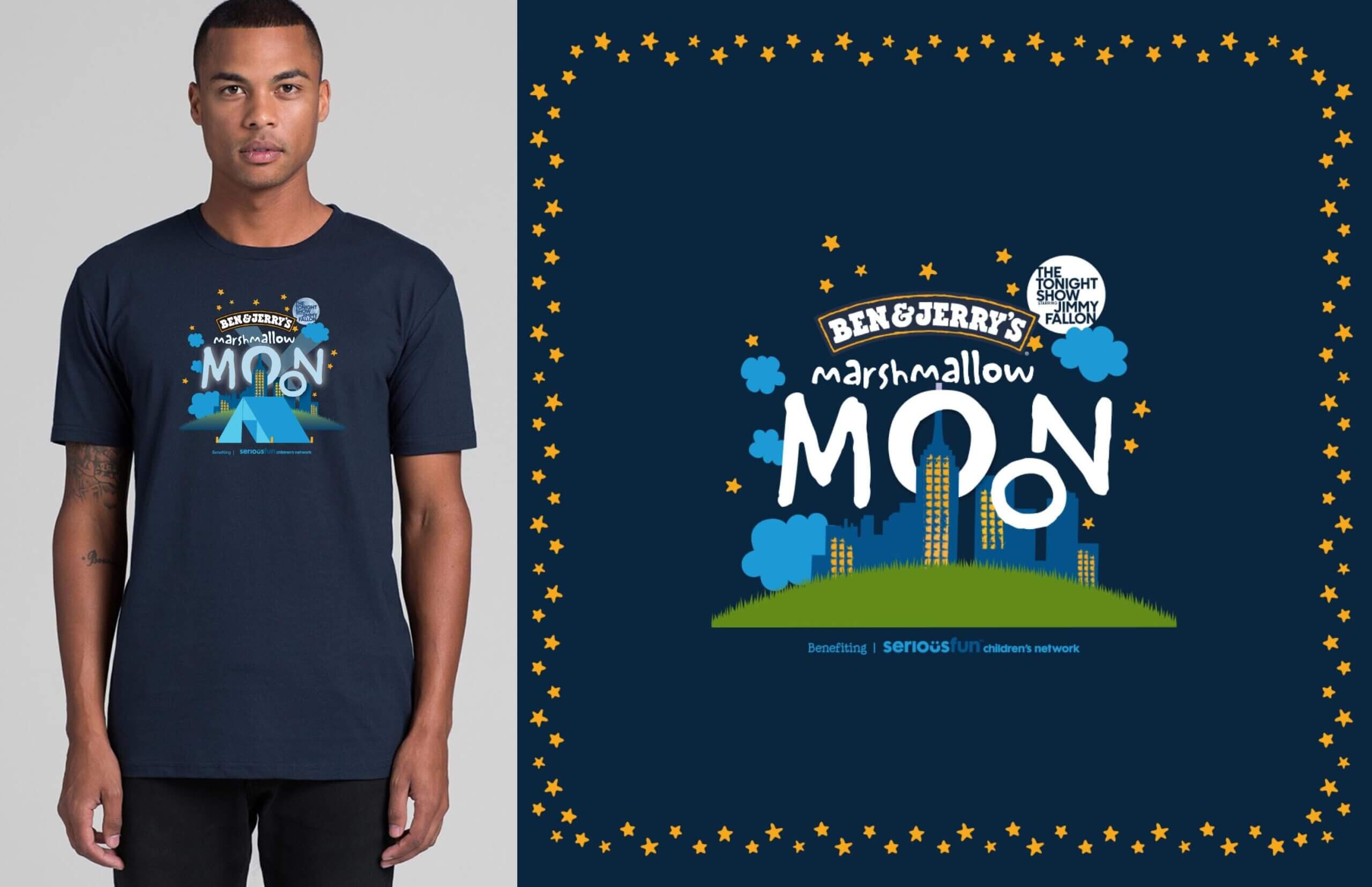A person wearing a blue tshirt with the words "Marshmallow Moon" written on it