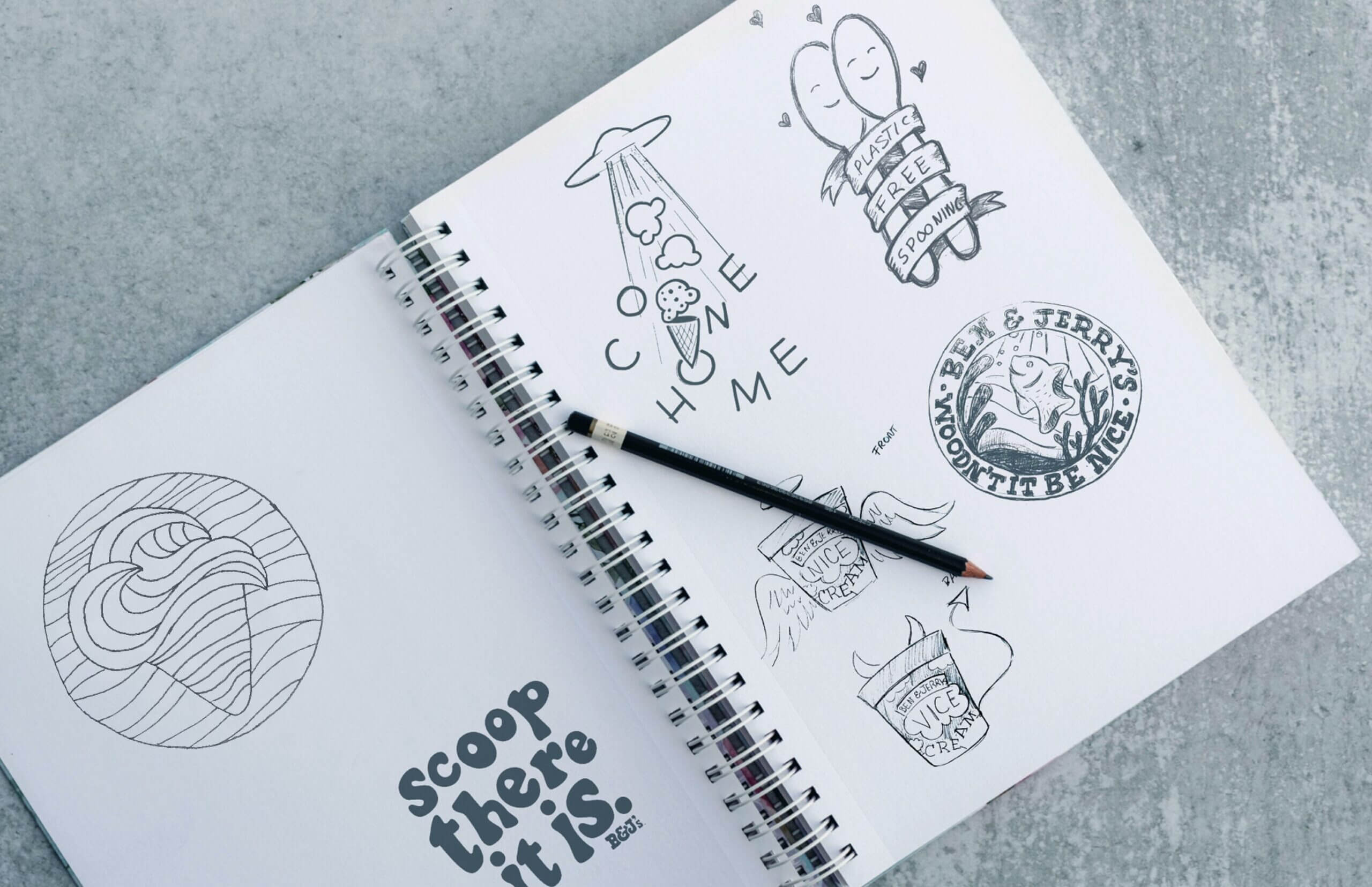 Various sketches of Ben & Jerry's logos on a white notebook