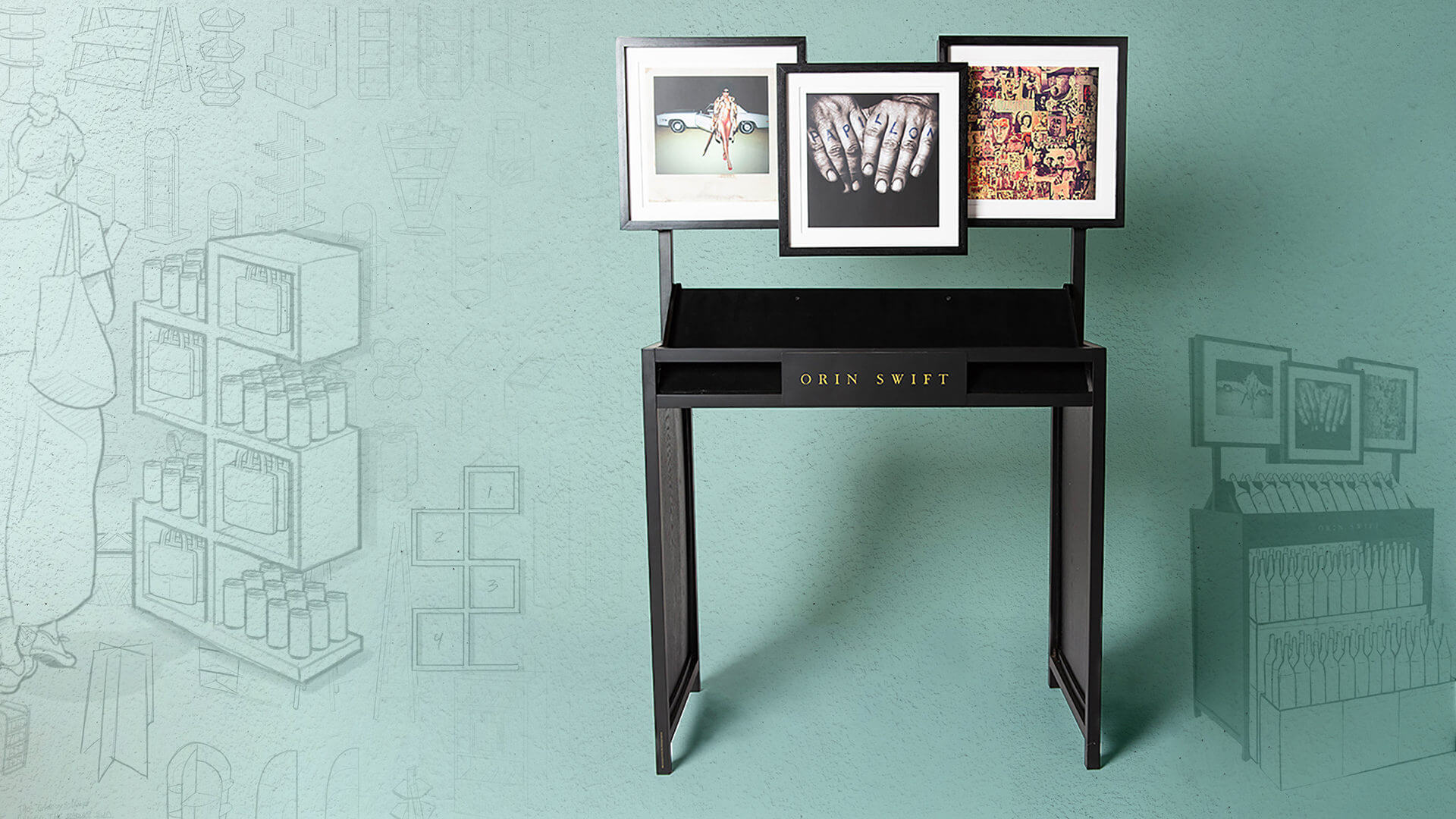 Orin Swift display featuring 3 frames images. Teal background with display illustrations.