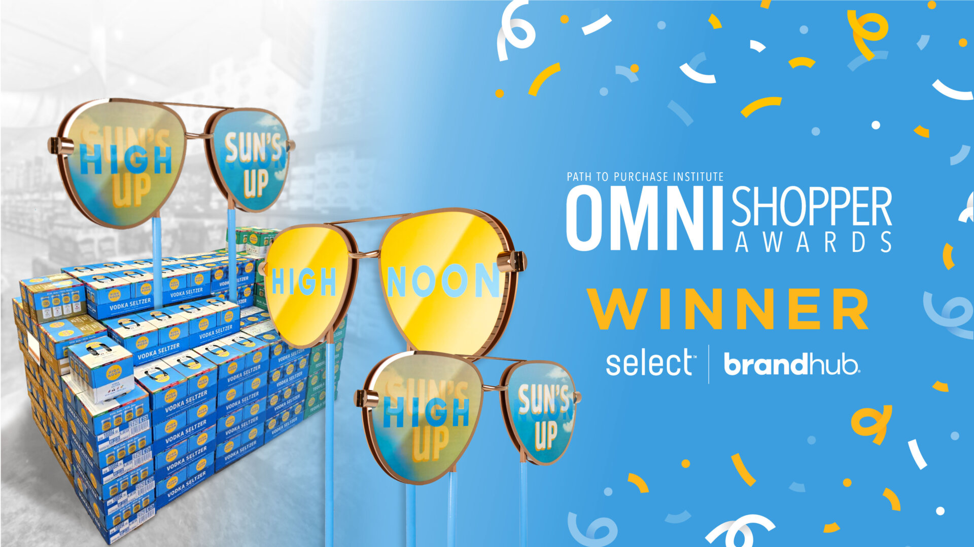 An image of the lenticular High Noon Sunglasses display in an environment surrounded by cases of product on the left side of the image. Close up shots of the lenticular lenses in the center of the screen. White, yellow and blue confetti on a blue background with the P2PI Omni Shopper Awards logo, the select and brandhub logos, and the text "Winner" on the right side of the image.